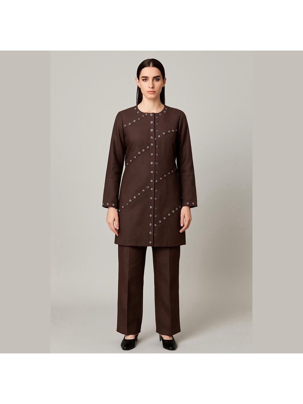 Carole Little Brown Linen Pantsuit Jacket S 8, Pants S 4 Silver Grommets